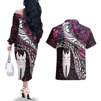 New Zealand Aotearoa Couples Matching Off The Shoulder Long Sleeve Dress and Hawaiian Shirt Maori Hei Rehua Paua Shell Glitter Pink LT05 - Polynesian Pride