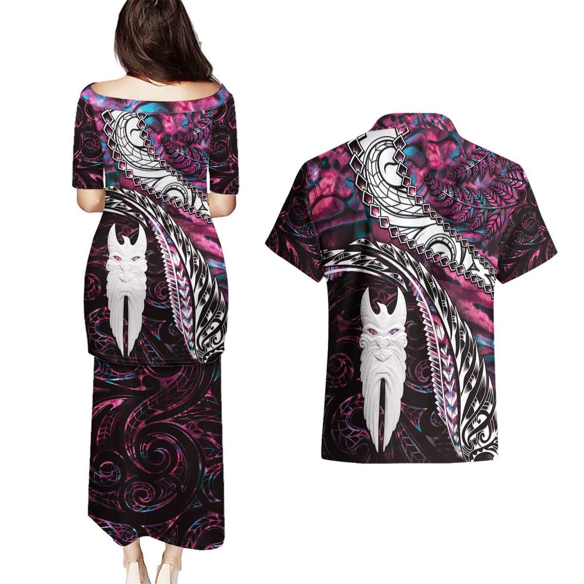 New Zealand Aotearoa Couples Matching Puletasi and Hawaiian Shirt Maori Hei Rehua Paua Shell Glitter Pink LT05 - Polynesian Pride