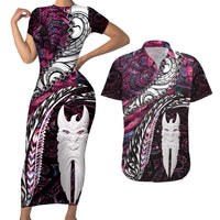 New Zealand Aotearoa Couples Matching Short Sleeve Bodycon Dress and Hawaiian Shirt Maori Hei Rehua Paua Shell Glitter Pink LT05 Pink - Polynesian Pride