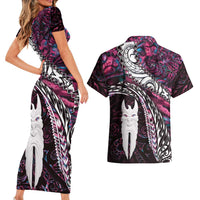 New Zealand Aotearoa Couples Matching Short Sleeve Bodycon Dress and Hawaiian Shirt Maori Hei Rehua Paua Shell Glitter Pink LT05 - Polynesian Pride