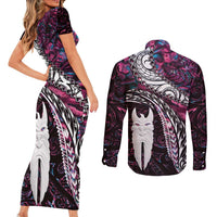 New Zealand Aotearoa Couples Matching Short Sleeve Bodycon Dress and Long Sleeve Button Shirt Maori Hei Rehua Paua Shell Glitter Pink LT05 - Polynesian Pride