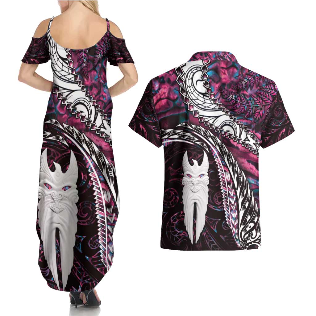 New Zealand Aotearoa Couples Matching Summer Maxi Dress and Hawaiian Shirt Maori Hei Rehua Paua Shell Glitter Pink LT05 - Polynesian Pride
