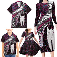New Zealand Aotearoa Family Matching Long Sleeve Bodycon Dress and Hawaiian Shirt Maori Hei Rehua Paua Shell Glitter Pink LT05 - Polynesian Pride