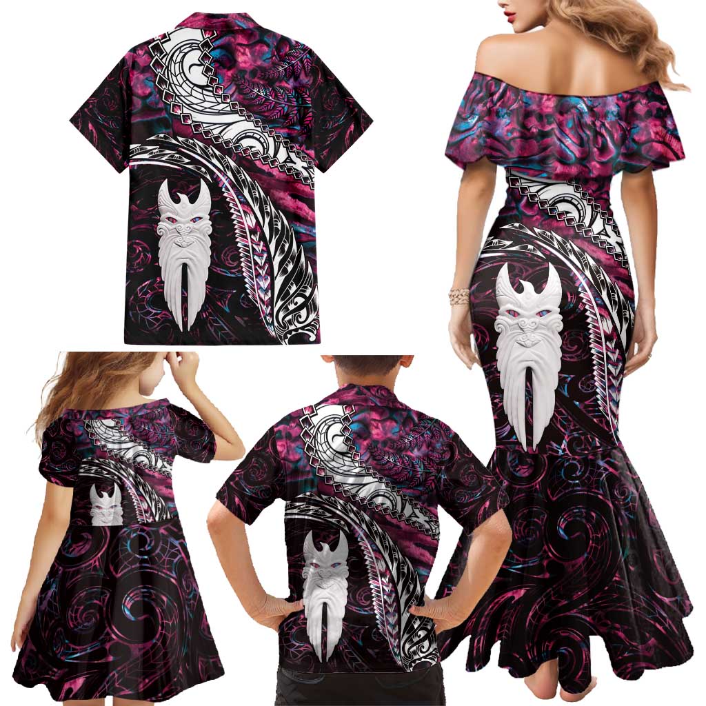 New Zealand Aotearoa Family Matching Mermaid Dress and Hawaiian Shirt Maori Hei Rehua Paua Shell Glitter Pink LT05 - Polynesian Pride