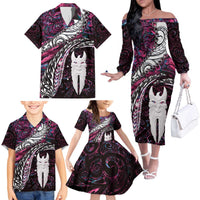 New Zealand Aotearoa Family Matching Off The Shoulder Long Sleeve Dress and Hawaiian Shirt Maori Hei Rehua Paua Shell Glitter Pink LT05 - Polynesian Pride