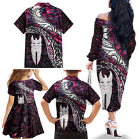 New Zealand Aotearoa Family Matching Off The Shoulder Long Sleeve Dress and Hawaiian Shirt Maori Hei Rehua Paua Shell Glitter Pink LT05 - Polynesian Pride