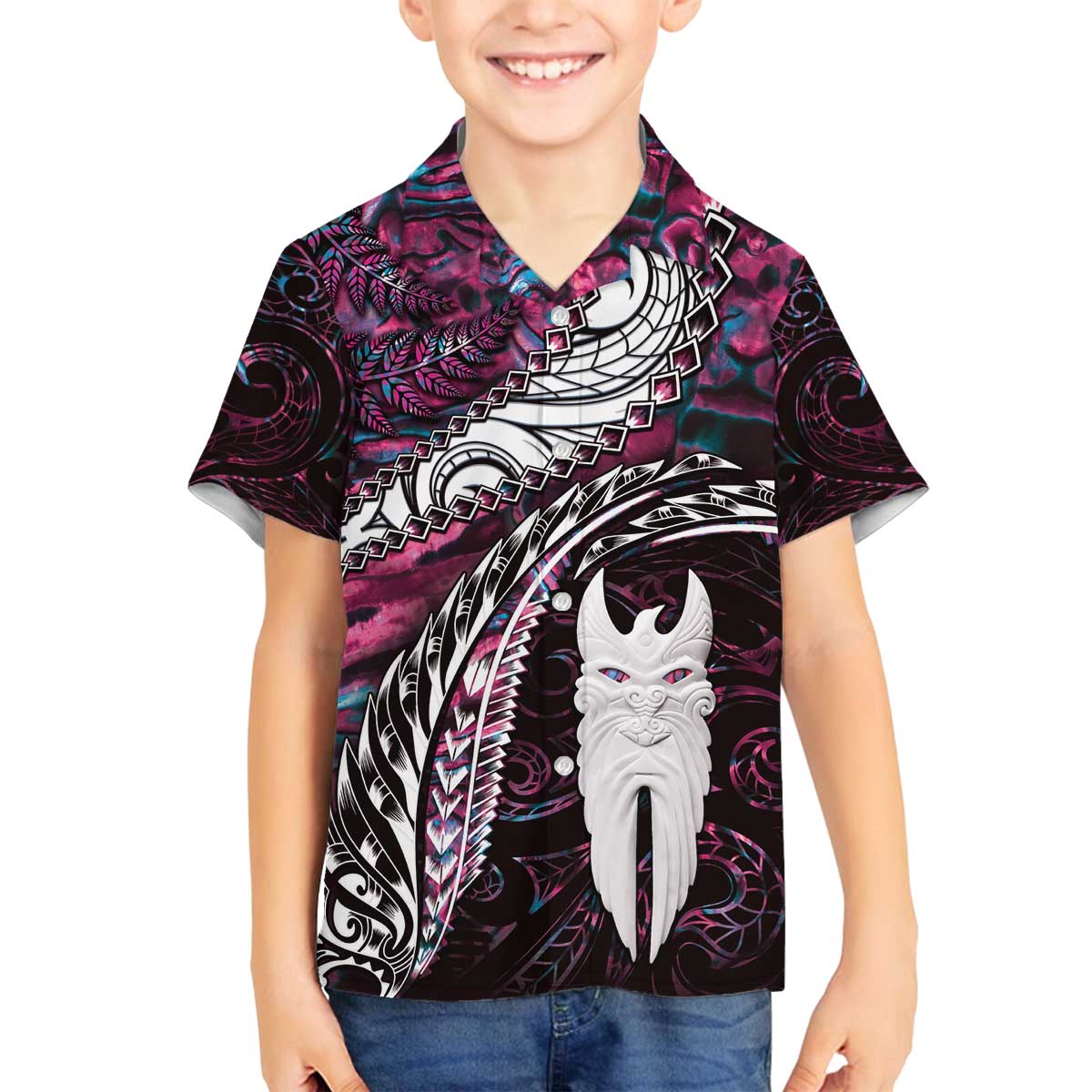 New Zealand Aotearoa Family Matching Off The Shoulder Long Sleeve Dress and Hawaiian Shirt Maori Hei Rehua Paua Shell Glitter Pink LT05 Son's Shirt Pink - Polynesian Pride