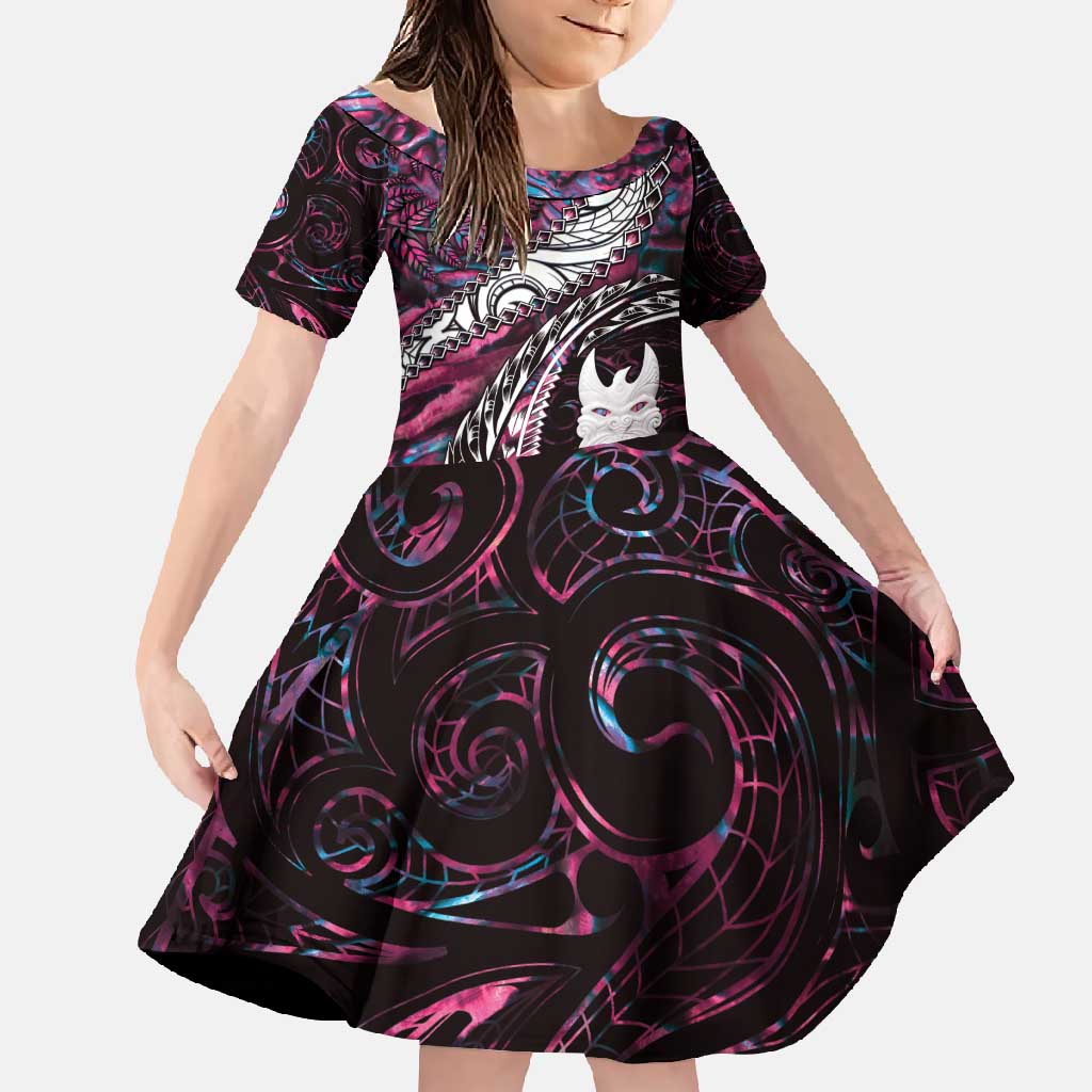 New Zealand Aotearoa Family Matching Off Shoulder Maxi Dress and Hawaiian Shirt Maori Hei Rehua Paua Shell Glitter Pink LT05 Daughter's Dress Pink - Polynesian Pride