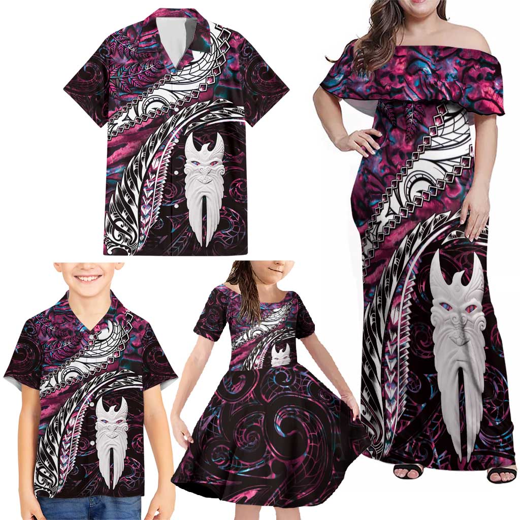 New Zealand Aotearoa Family Matching Off Shoulder Maxi Dress and Hawaiian Shirt Maori Hei Rehua Paua Shell Glitter Pink LT05 - Polynesian Pride
