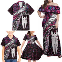 New Zealand Aotearoa Family Matching Off Shoulder Maxi Dress and Hawaiian Shirt Maori Hei Rehua Paua Shell Glitter Pink LT05 - Polynesian Pride