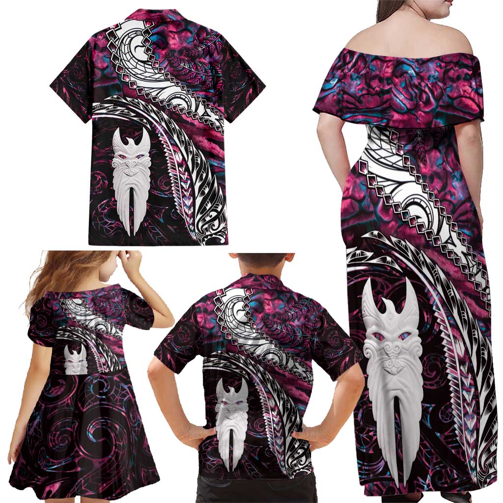 New Zealand Aotearoa Family Matching Off Shoulder Maxi Dress and Hawaiian Shirt Maori Hei Rehua Paua Shell Glitter Pink LT05 - Polynesian Pride