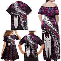 New Zealand Aotearoa Family Matching Off Shoulder Maxi Dress and Hawaiian Shirt Maori Hei Rehua Paua Shell Glitter Pink LT05 - Polynesian Pride