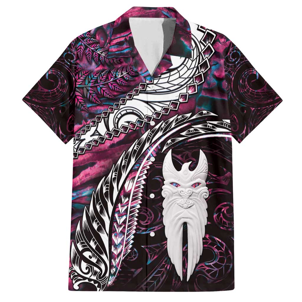 New Zealand Aotearoa Family Matching Off Shoulder Maxi Dress and Hawaiian Shirt Maori Hei Rehua Paua Shell Glitter Pink LT05 Dad's Shirt - Short Sleeve Pink - Polynesian Pride