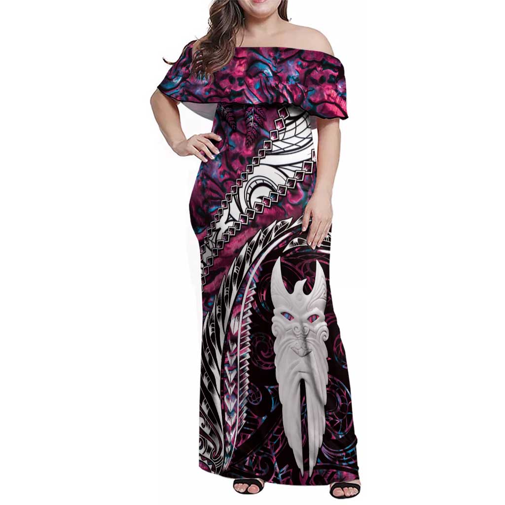 New Zealand Aotearoa Family Matching Off Shoulder Maxi Dress and Hawaiian Shirt Maori Hei Rehua Paua Shell Glitter Pink LT05 Mom's Dress Pink - Polynesian Pride