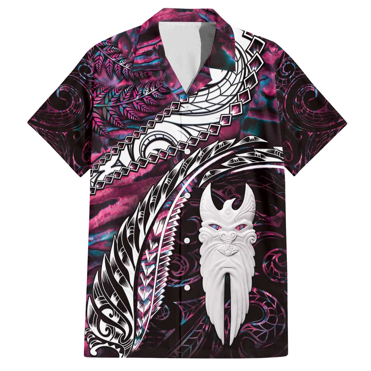 New Zealand Aotearoa Family Matching Off Shoulder Short Dress and Hawaiian Shirt Maori Hei Rehua Paua Shell Glitter Pink LT05 Dad's Shirt - Short Sleeve Pink - Polynesian Pride