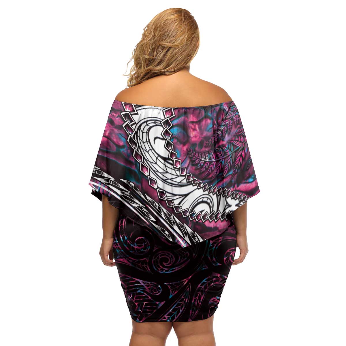 New Zealand Aotearoa Family Matching Off Shoulder Short Dress and Hawaiian Shirt Maori Hei Rehua Paua Shell Glitter Pink LT05 - Polynesian Pride
