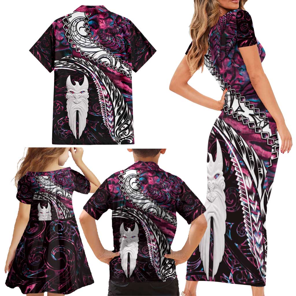 New Zealand Aotearoa Family Matching Short Sleeve Bodycon Dress and Hawaiian Shirt Maori Hei Rehua Paua Shell Glitter Pink LT05 - Polynesian Pride