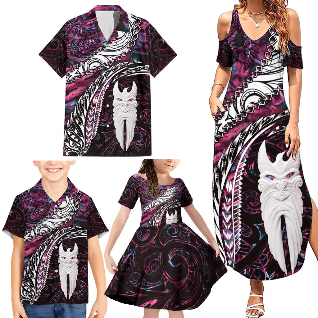 New Zealand Aotearoa Family Matching Summer Maxi Dress and Hawaiian Shirt Maori Hei Rehua Paua Shell Glitter Pink LT05 - Polynesian Pride