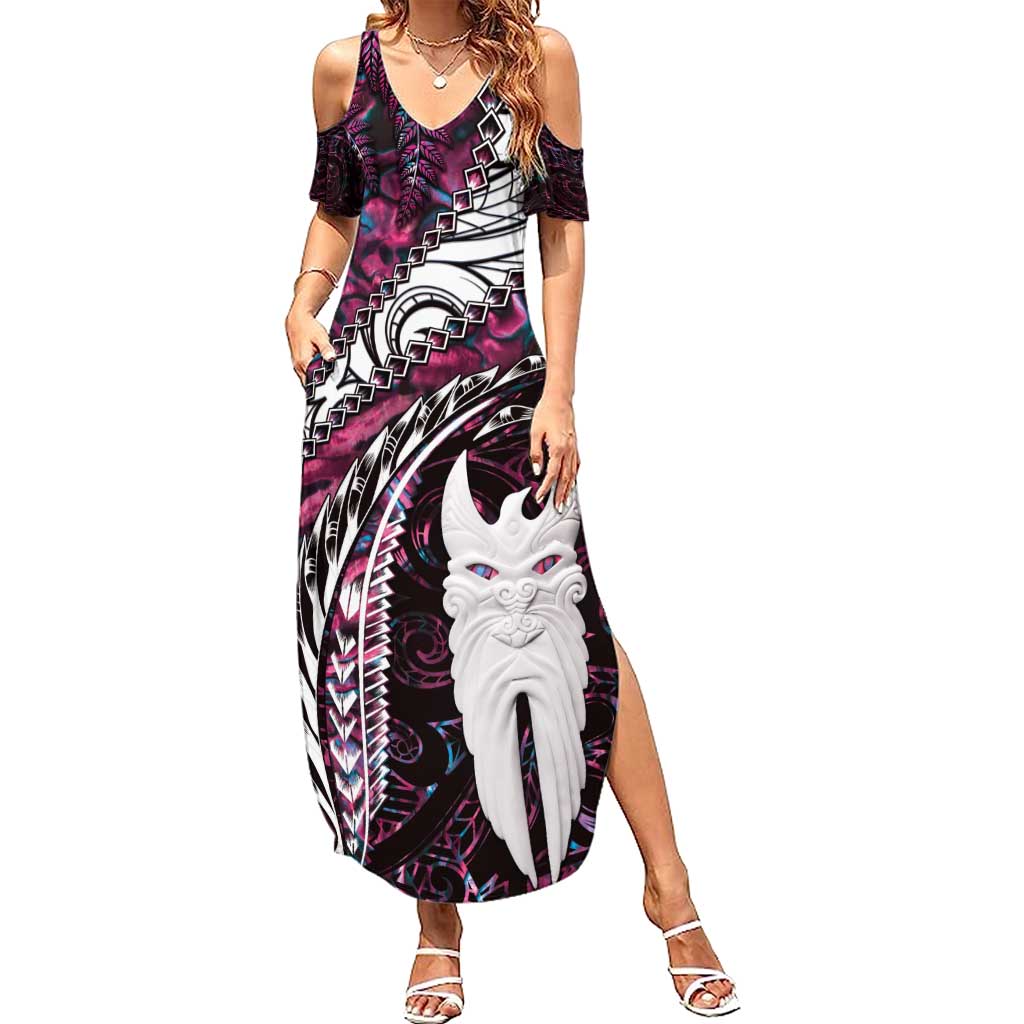 New Zealand Aotearoa Family Matching Summer Maxi Dress and Hawaiian Shirt Maori Hei Rehua Paua Shell Glitter Pink LT05 Mom's Dress Pink - Polynesian Pride