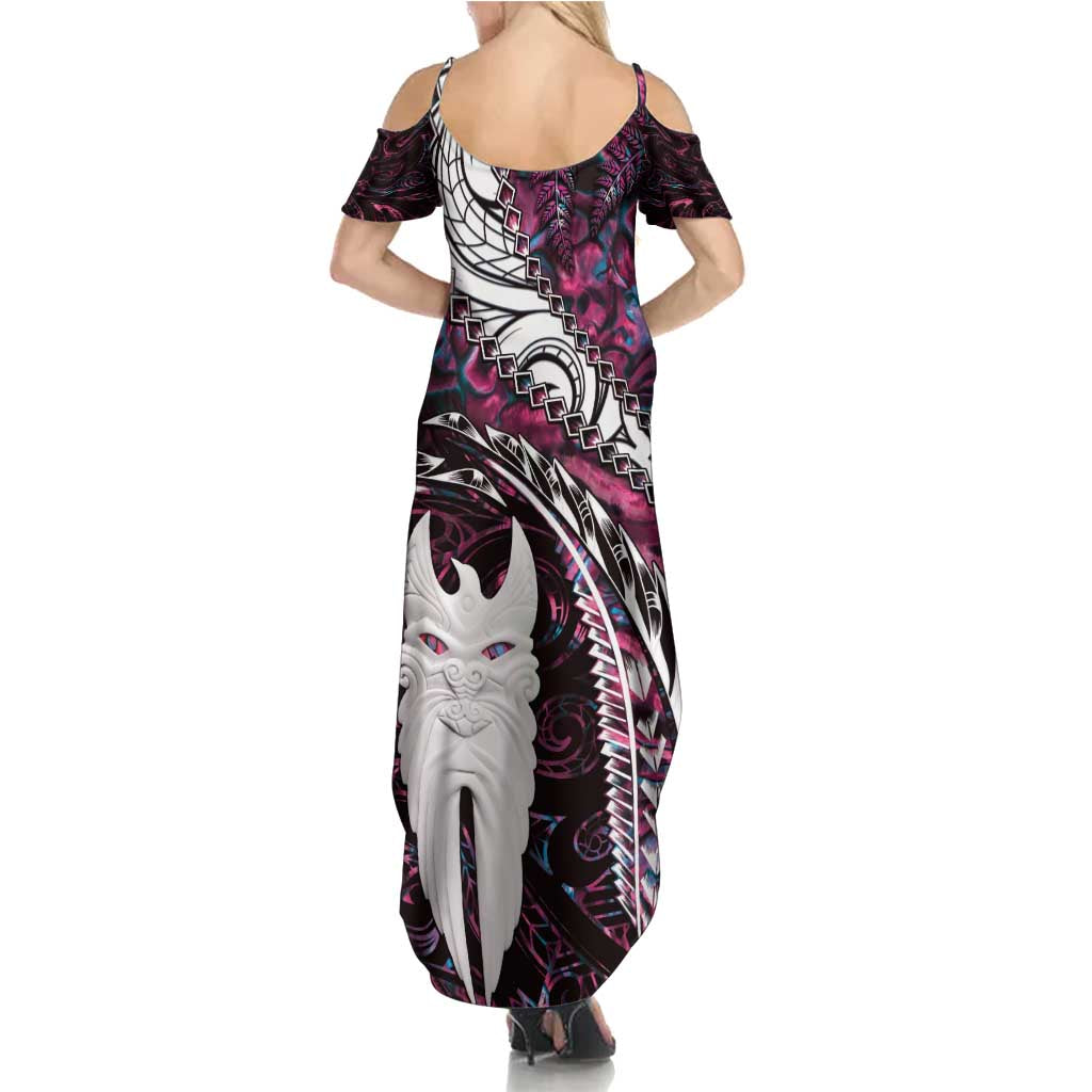 New Zealand Aotearoa Family Matching Summer Maxi Dress and Hawaiian Shirt Maori Hei Rehua Paua Shell Glitter Pink LT05 - Polynesian Pride