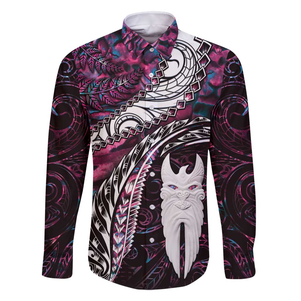 New Zealand Aotearoa Family Matching Tank Maxi Dress and Hawaiian Shirt Maori Hei Rehua Paua Shell Glitter Pink LT05 Dad's Shirt - Long Sleeve Pink - Polynesian Pride