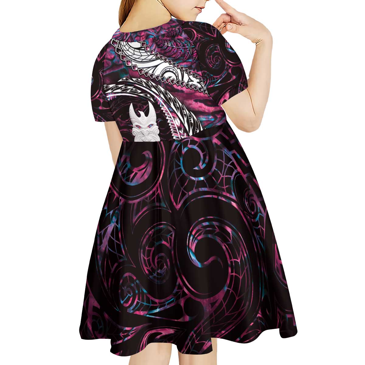 New Zealand Aotearoa Kid Short Sleeve Dress Maori Hei Rehua Paua Shell Glitter Pink LT05 - Polynesian Pride