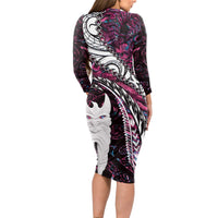 New Zealand Aotearoa Long Sleeve Bodycon Dress Maori Hei Rehua Paua Shell Glitter Pink LT05 - Polynesian Pride