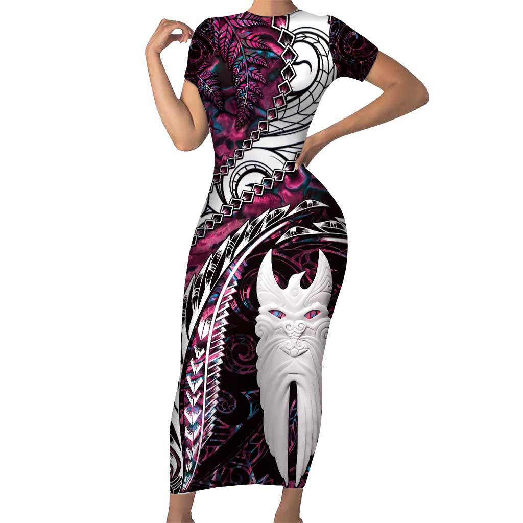 New Zealand Aotearoa Short Sleeve Bodycon Dress Maori Hei Rehua Paua Shell Glitter Pink LT05 Long Dress Pink - Polynesian Pride