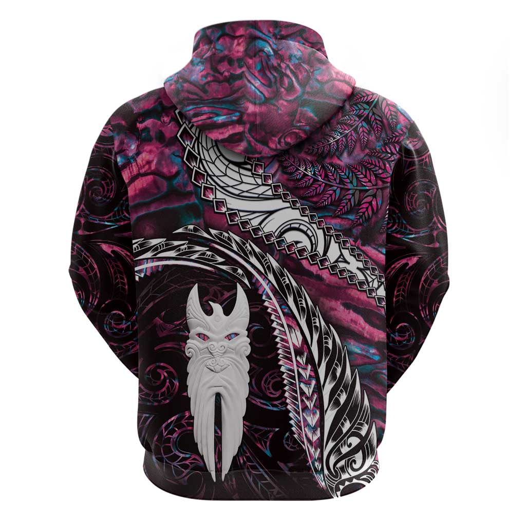 New Zealand Aotearoa Zip Hoodie Maori Hei Rehua Paua Shell Glitter Pink