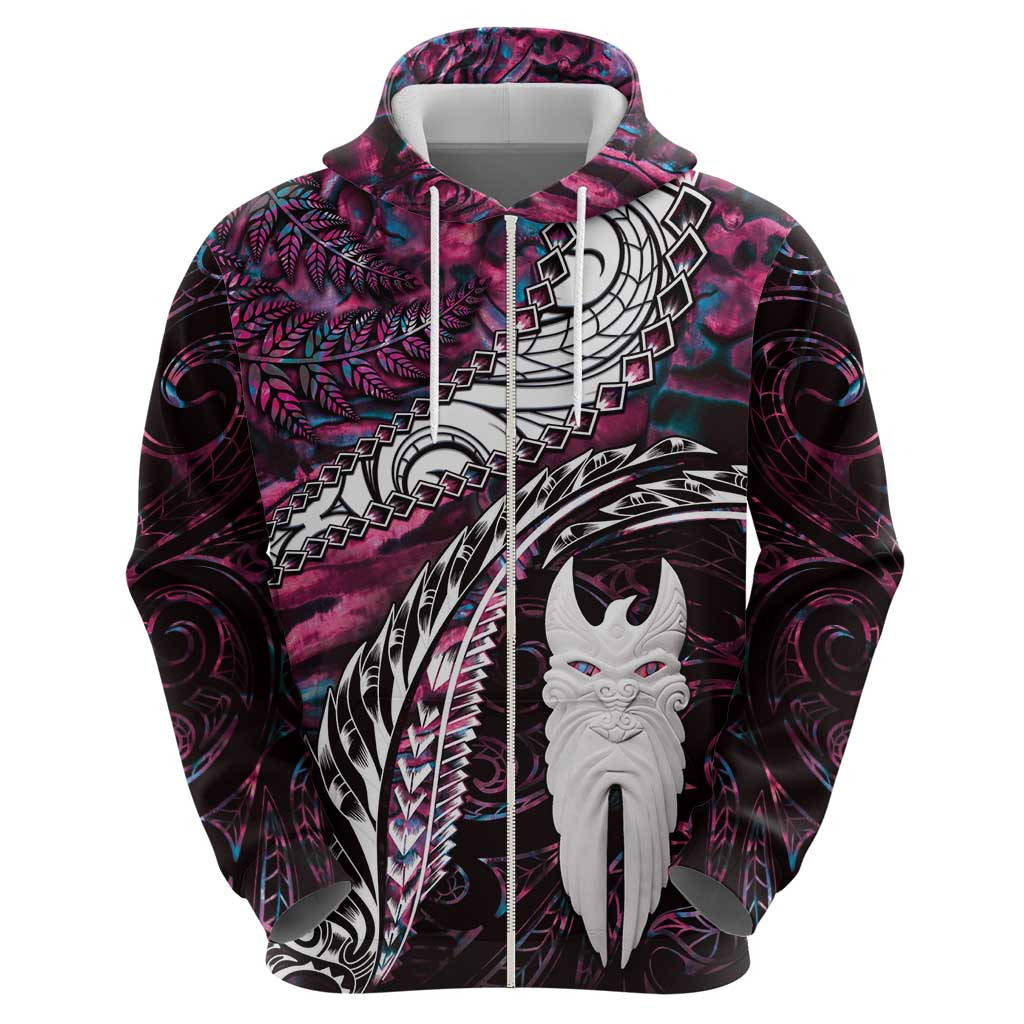 New Zealand Aotearoa Zip Hoodie Maori Hei Rehua Paua Shell Glitter Pink
