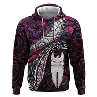 New Zealand Aotearoa Zip Hoodie Maori Hei Rehua Paua Shell Glitter Pink
