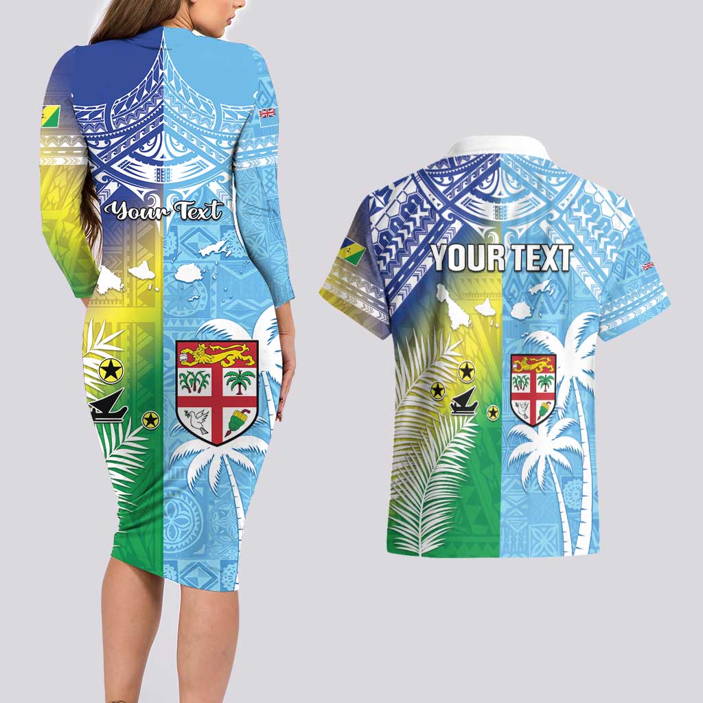 Personalised Happy Malampa Fiji Day Couples Matching Long Sleeve Bodycon Dress and Hawaiian Shirt Half Mix Style LT05 - Polynesian Pride