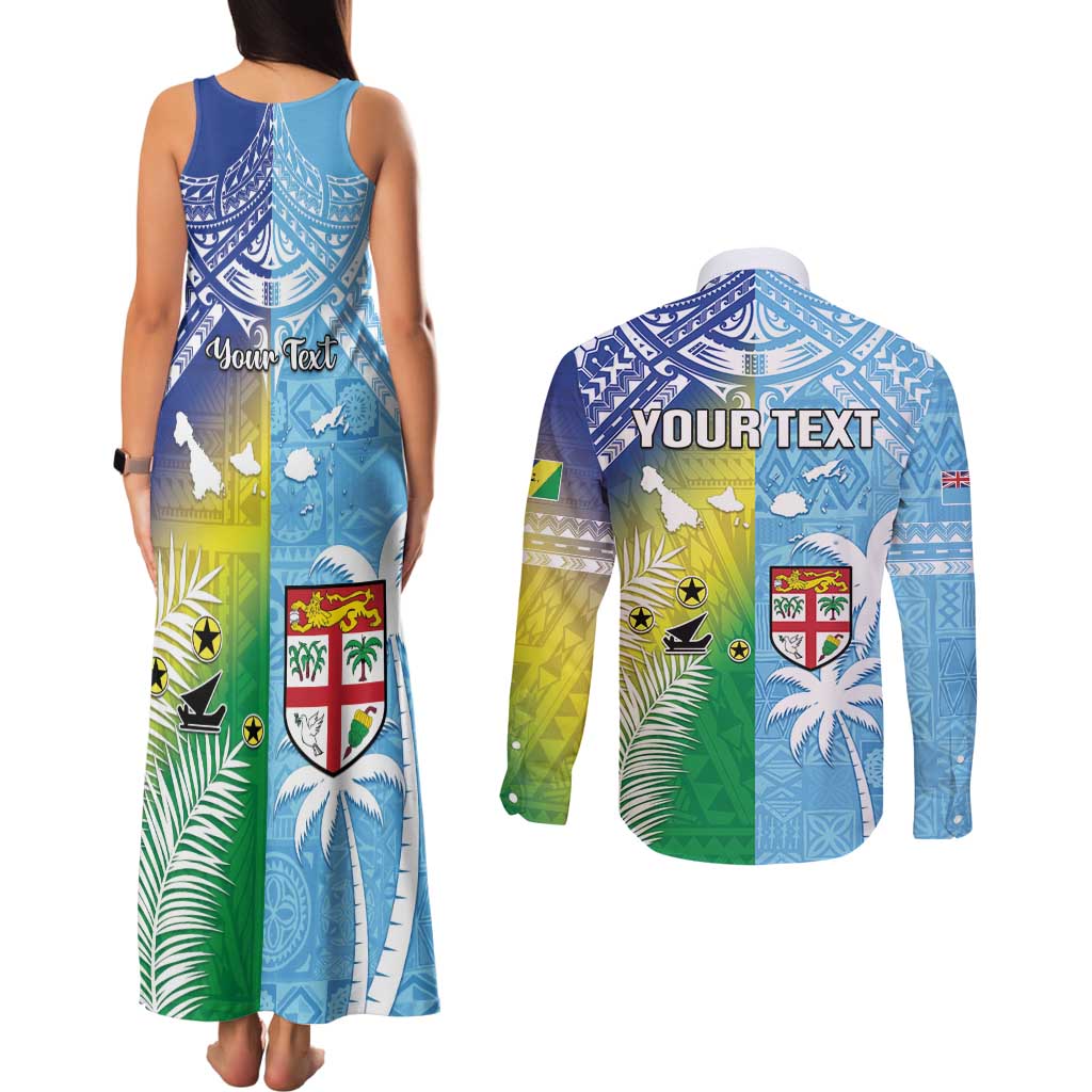 Personalised Happy Malampa Fiji Day Couples Matching Tank Maxi Dress and Long Sleeve Button Shirt Half Mix Style