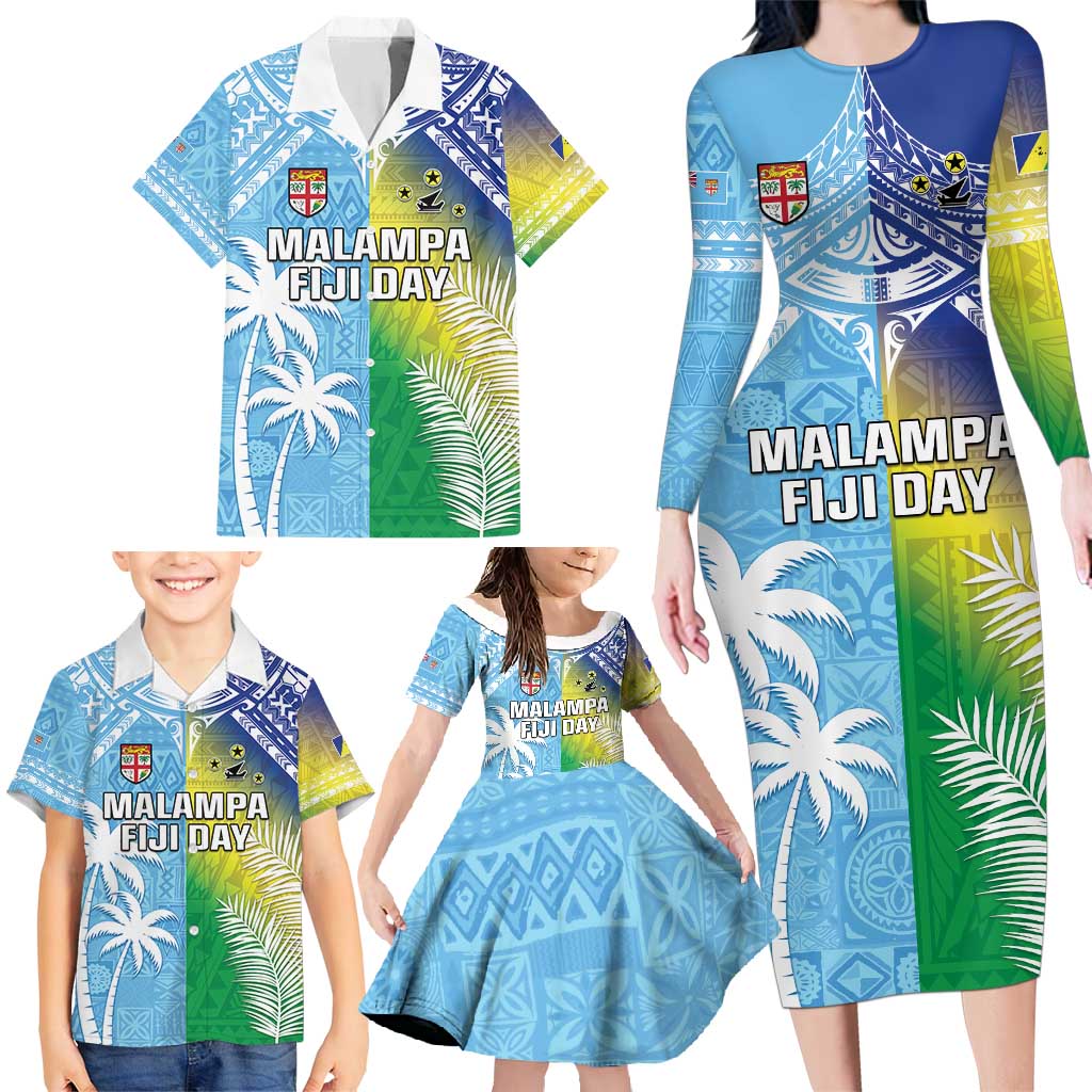 Personalised Happy Malampa Fiji Day Family Matching Long Sleeve Bodycon Dress and Hawaiian Shirt Half Mix Style LT05 - Polynesian Pride