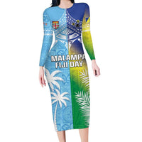 Personalised Happy Malampa Fiji Day Family Matching Long Sleeve Bodycon Dress and Hawaiian Shirt Half Mix Style LT05 Mom's Dress Blue - Polynesian Pride