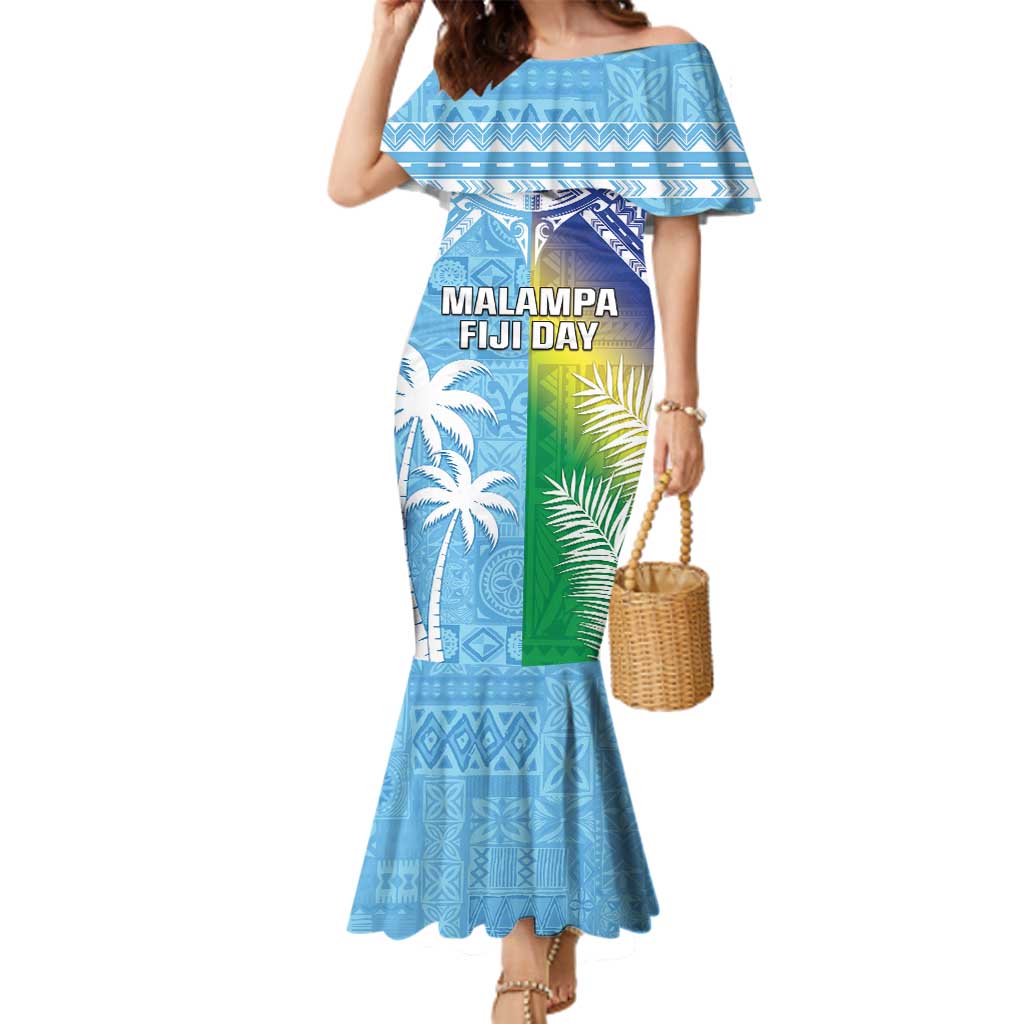 Personalised Happy Malampa Fiji Day Family Matching Mermaid Dress and Hawaiian Shirt Half Mix Style LT05 Mom's Dress Blue - Polynesian Pride