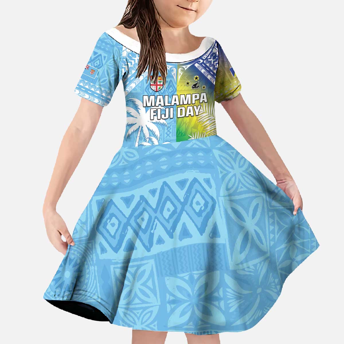 Personalised Happy Malampa Fiji Day Family Matching Off The Shoulder Long Sleeve Dress and Hawaiian Shirt Half Mix Style LT05 Daughter's Dress Blue - Polynesian Pride