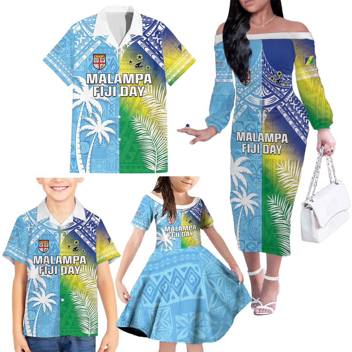 Personalised Happy Malampa Fiji Day Family Matching Off The Shoulder Long Sleeve Dress and Hawaiian Shirt Half Mix Style LT05 - Polynesian Pride