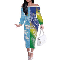 Personalised Happy Malampa Fiji Day Family Matching Off The Shoulder Long Sleeve Dress and Hawaiian Shirt Half Mix Style LT05 Mom's Dress Blue - Polynesian Pride