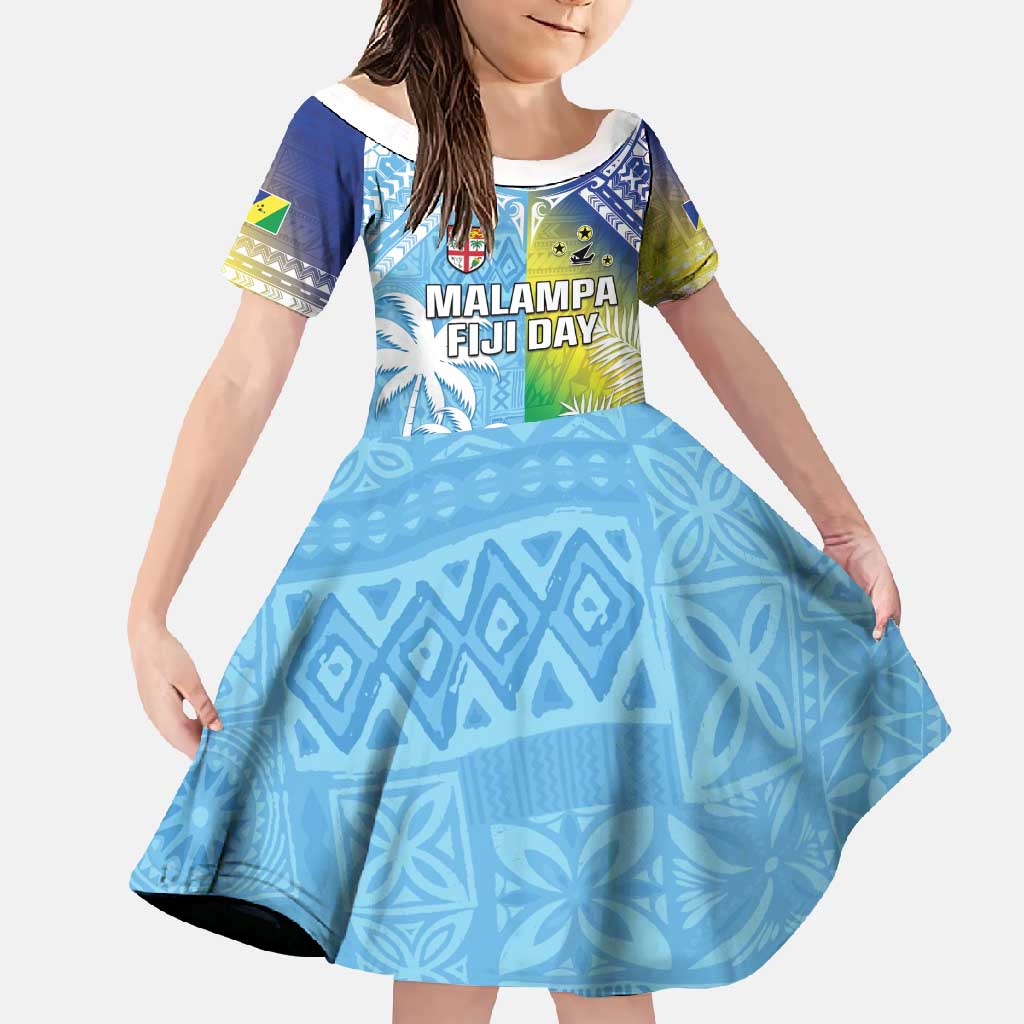 Personalised Happy Malampa Fiji Day Family Matching Off Shoulder Maxi Dress and Hawaiian Shirt Half Mix Style LT05 Daughter's Dress Blue - Polynesian Pride