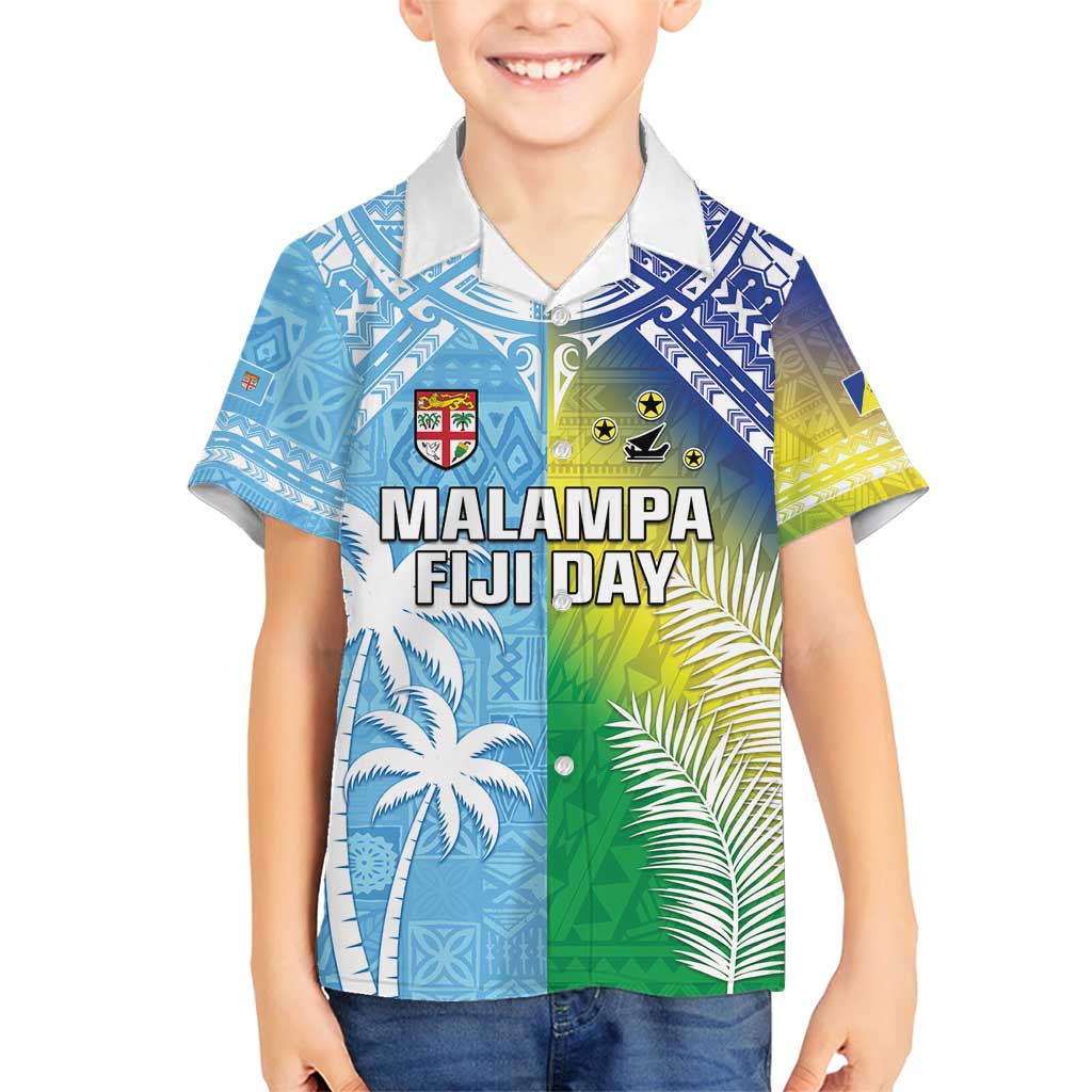 Personalised Happy Malampa Fiji Day Family Matching Off Shoulder Maxi Dress and Hawaiian Shirt Half Mix Style LT05 Son's Shirt Blue - Polynesian Pride