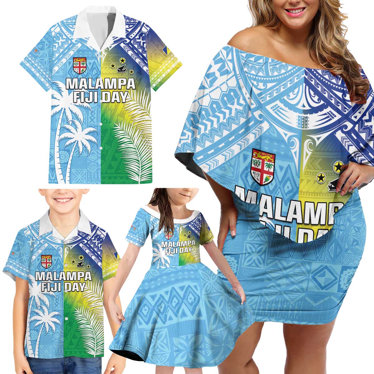 Personalised Happy Malampa Fiji Day Family Matching Off Shoulder Short Dress and Hawaiian Shirt Half Mix Style LT05 - Polynesian Pride