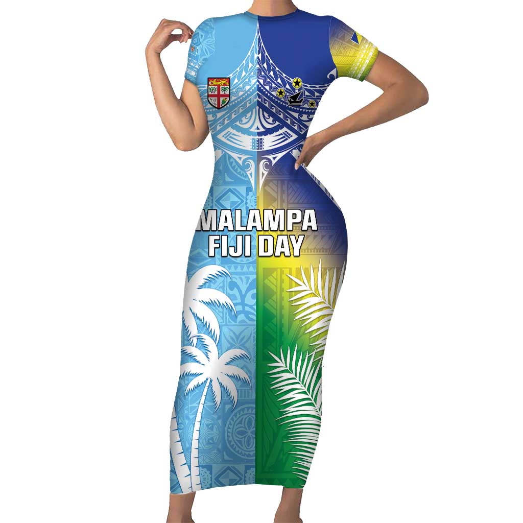 Personalised Happy Malampa Fiji Day Family Matching Short Sleeve Bodycon Dress and Hawaiian Shirt Half Mix Style LT05 Mom's Dress Blue - Polynesian Pride