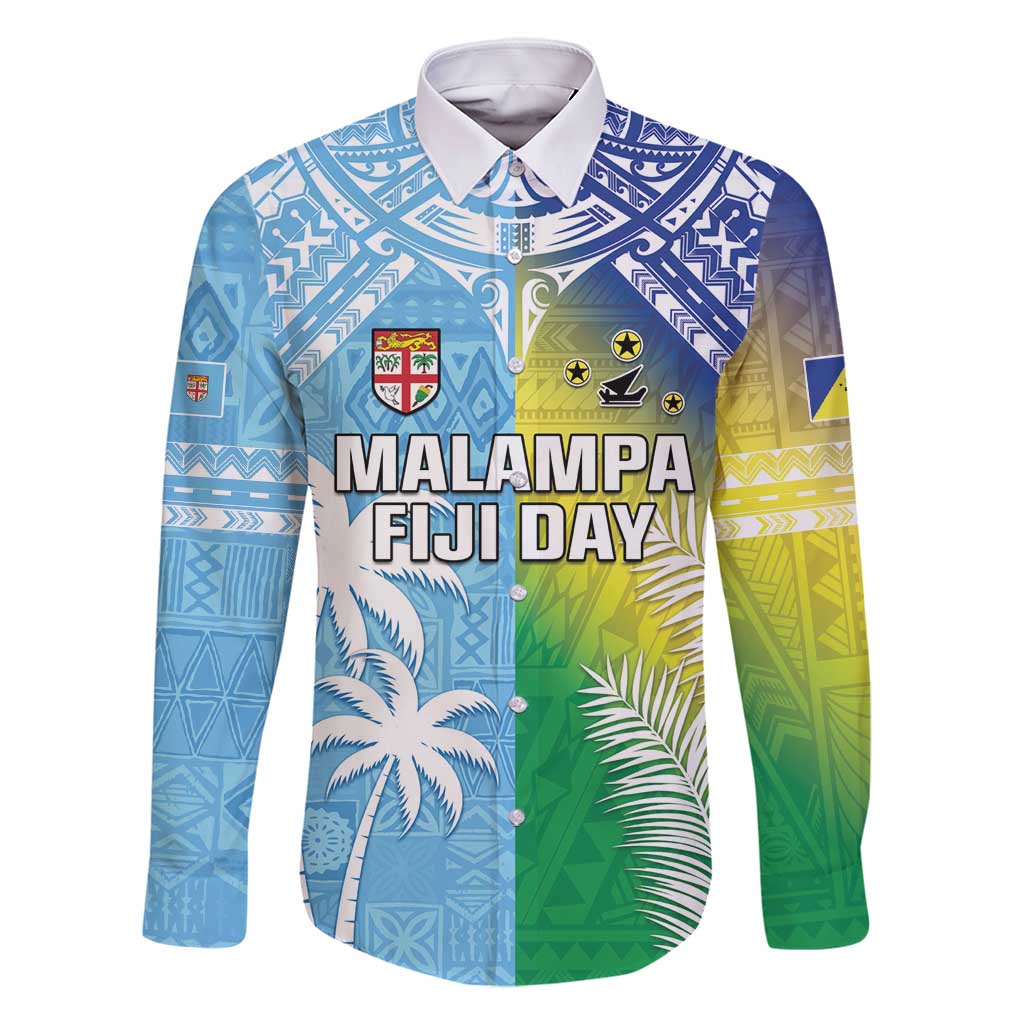 Personalised Happy Malampa Fiji Day Family Matching Tank Maxi Dress and Hawaiian Shirt Half Mix Style LT05 Dad's Shirt - Long Sleeve Blue - Polynesian Pride