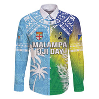 Personalised Happy Malampa Fiji Day Family Matching Tank Maxi Dress and Hawaiian Shirt Half Mix Style LT05 Dad's Shirt - Long Sleeve Blue - Polynesian Pride