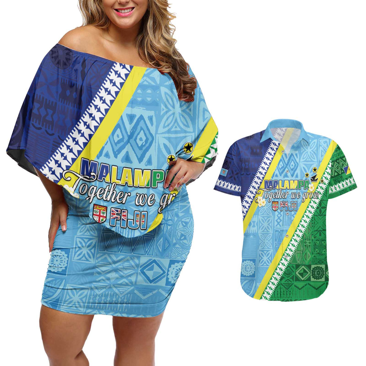 Love Malampa Fiji Day Couples Matching Off Shoulder Short Dress and Hawaiian Shirt Together We Grow LT05 Blue - Polynesian Pride