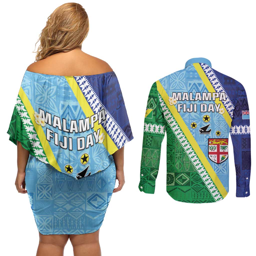 Love Malampa Fiji Day Couples Matching Off Shoulder Short Dress and Long Sleeve Button Shirt Together We Grow LT05 - Polynesian Pride