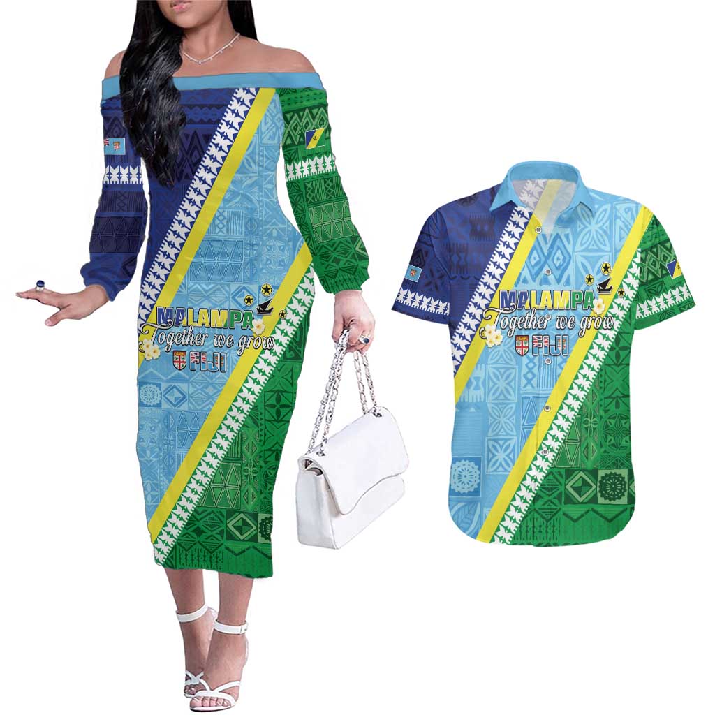 Love Malampa Fiji Day Couples Matching Off The Shoulder Long Sleeve Dress and Hawaiian Shirt Together We Grow LT05 Blue - Polynesian Pride