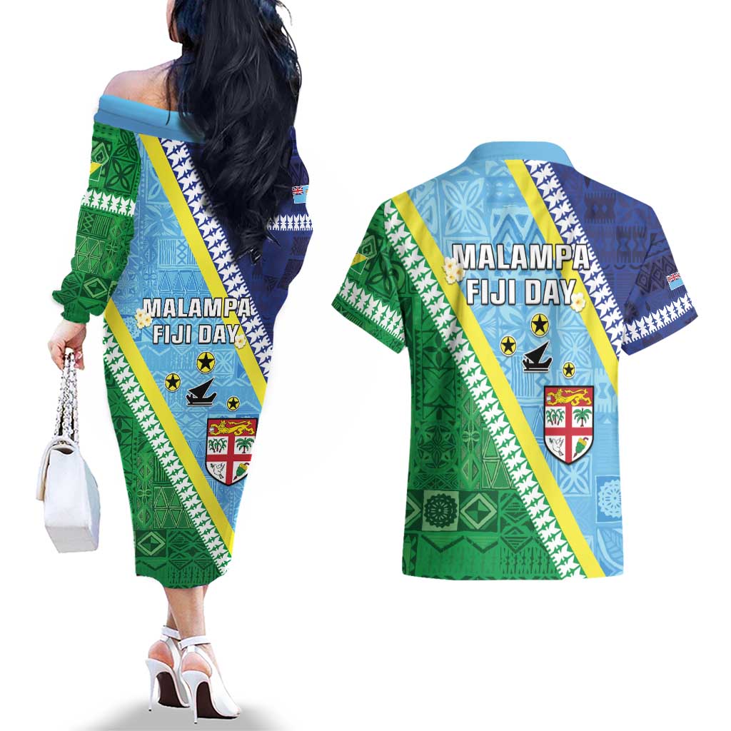 Love Malampa Fiji Day Couples Matching Off The Shoulder Long Sleeve Dress and Hawaiian Shirt Together We Grow LT05 - Polynesian Pride