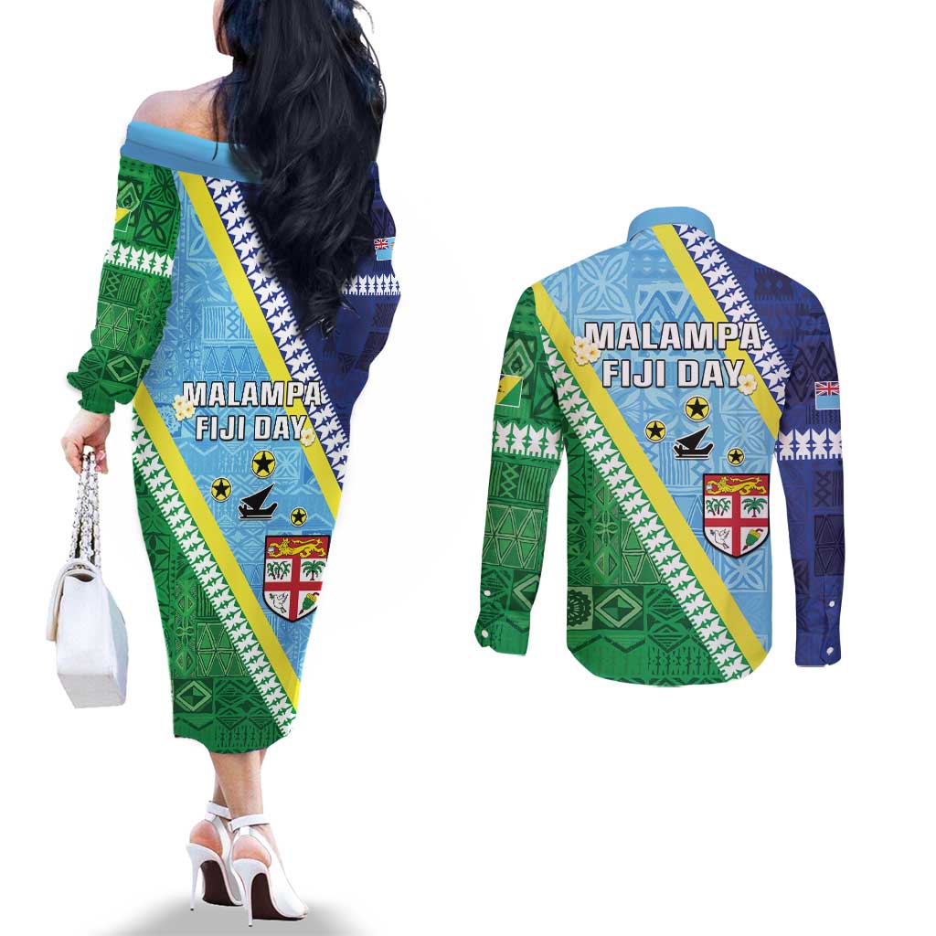 Love Malampa Fiji Day Couples Matching Off The Shoulder Long Sleeve Dress and Long Sleeve Button Shirt Together We Grow LT05 - Polynesian Pride